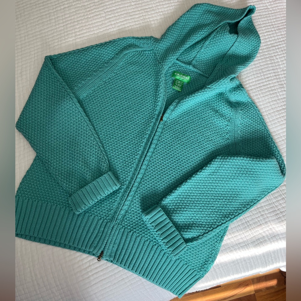 Cozy Teal Knit Zip-Up Hooded Sweater